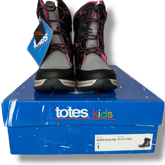 NWT Totes Girls Thermolite Beaver Black Pink Winter Snow Boots Size 1 Slip-On - Picture 13 of 15